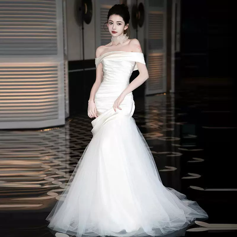 一字肩法式轻婚纱超仙小众轻奢鱼尾森系礼服高级感新娘迎宾出门纱