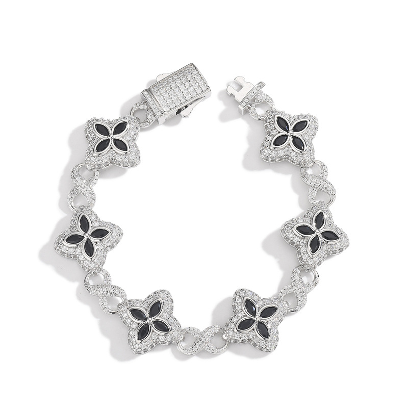 European and American Hip-Hop Rap Chain Bracelet with Infinity Colorful Diamond Clover Design for Women, High-End 5A Zircon Jewelry for Trendy Men, Cross-Border