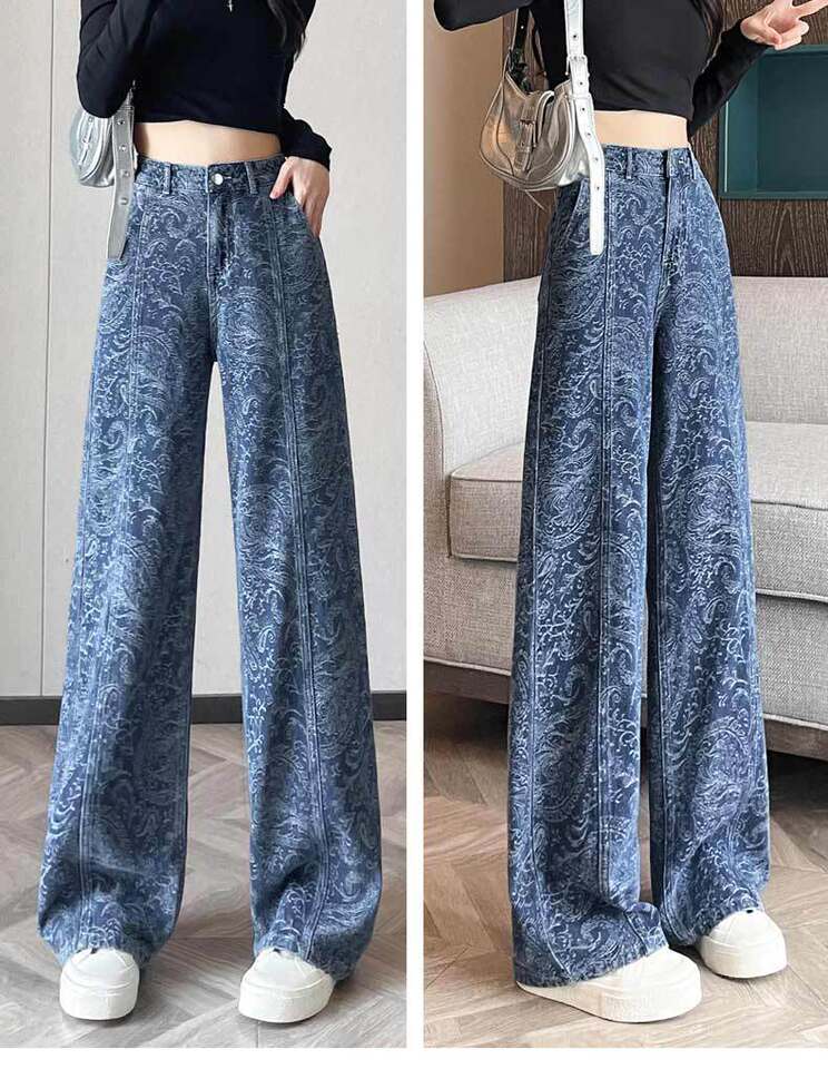 Quần jean ống rộng nữ in họa tiết, lưng cao, form suông dài — màu nâu, màu xanh chi tiết 16