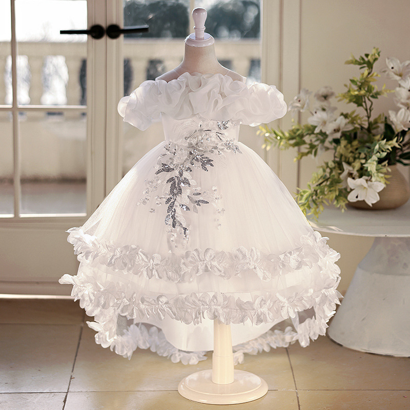 Vestido de niñas vestido de princesa de cola floral vestido de novia niños anfitriones de piano vestido de boda de verano