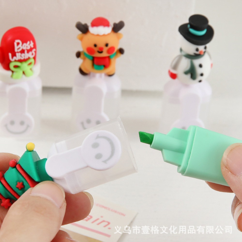 Serie de Navidad mini 6 color resaltador conjunto de dibujos animados lindos marcadores de color de alto valor de los estudiantes