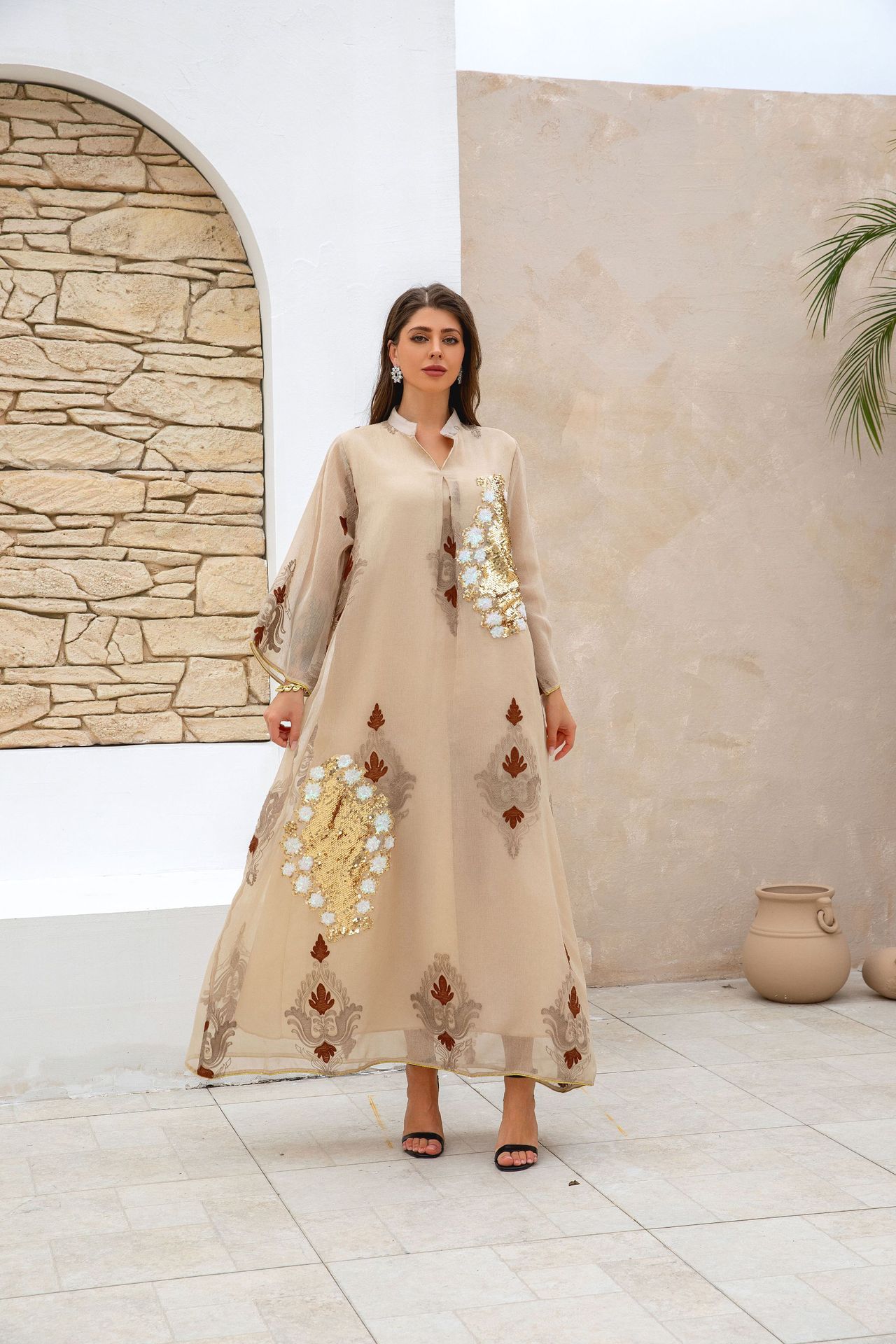 ZD044 Middle East Cross-border E-commerce Bestseller Women's Muslim Dress Sequin Embroidered Arab Robe_ecoleips.com