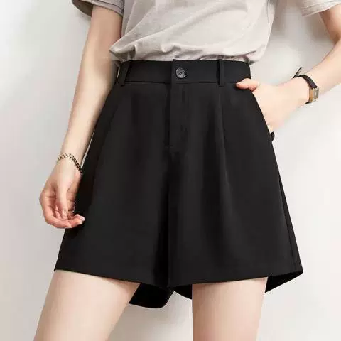 Черные шорты из ледяного шелка, женские брюки, Костюмные брюки с высокой талией, свободные утягивающие повседневные брюки 2024, летние тонкие широкие брюки