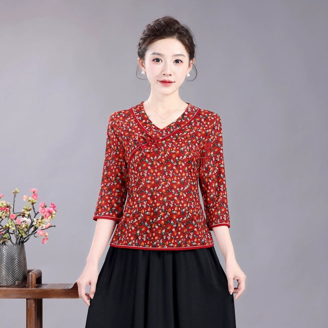 Футболка со средним рукавом и V-образным вырезом в китайском стиле, летний топ-чонсам в национальном стиле в стиле ретро, ​​который закрывает живот и выглядит стройным и стильным.