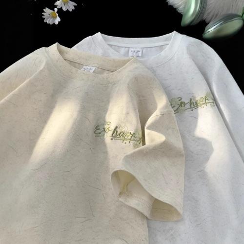 240G Heavyweight Sand-washed Ice Silk Loose Round Neck Short-sleeve T-shirt for Men, Summer Trend Brand Embroidered Ice Silk Half-sleeve T-shirt