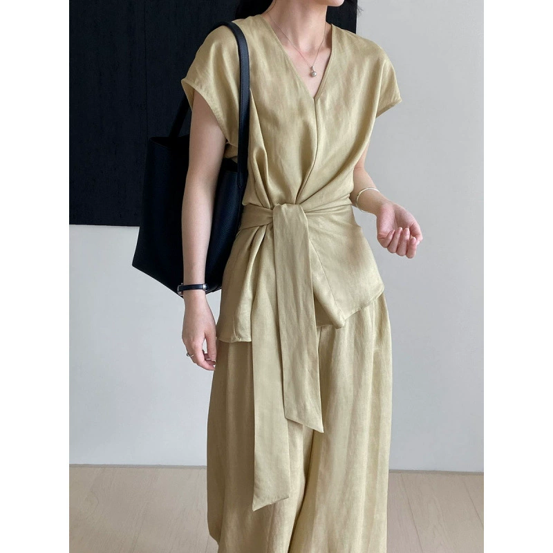 Элегантный летний костюм для дочери: модная рубашка без рукавов с завязками и широкие брюки, комплект в стиле «старые деньги».