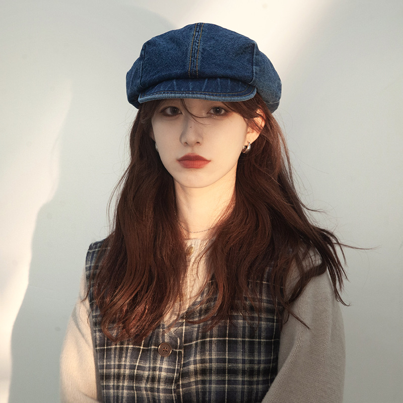 Coreano retro sólido vaquero boina de cabeza grande cara pequeña pintora versátil sombrero de nubes de ocho ángulos sombrero de moda