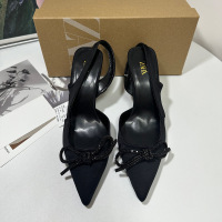 New pointed black shiny bow high-heeled shoes with exposed heel and ankle strap, shallow mouth sandals for women