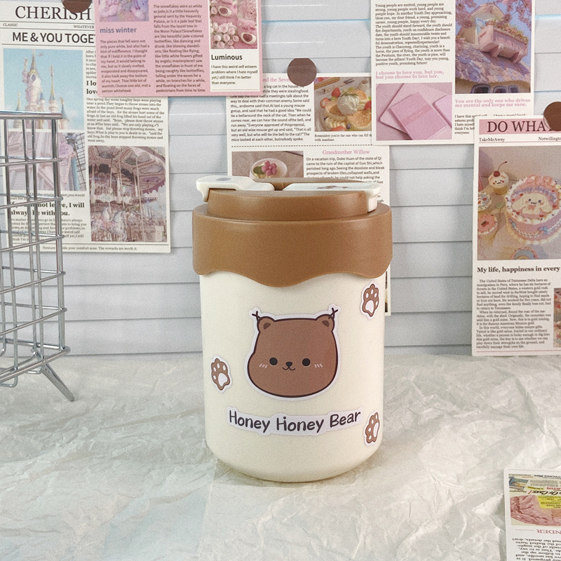 304ステンレスダブルドリンクストローカップかわいい熊コップ蓋付き学生ミルクティー牛乳朝食カップコーヒーカップ|undefined
