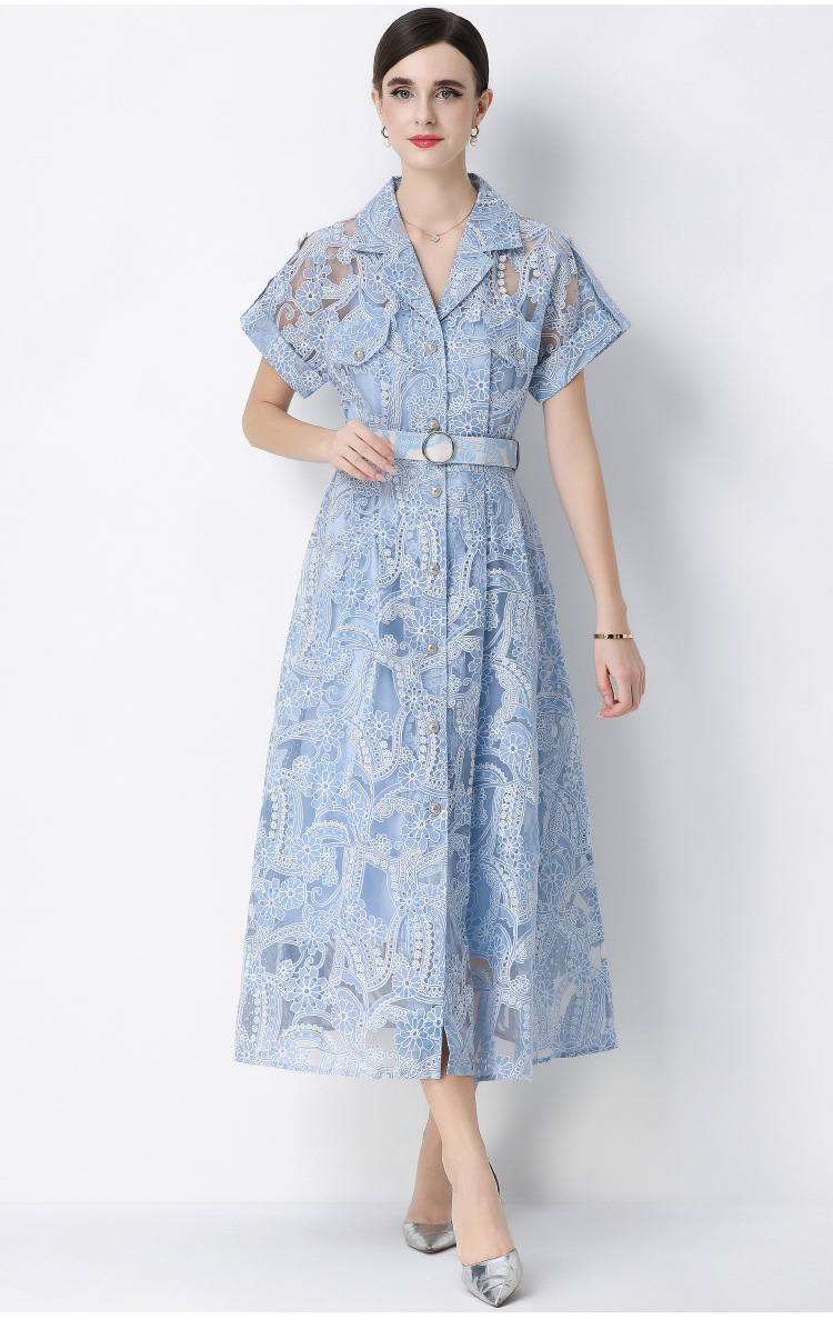 Đầm maxi nữ ren thêu hoa cổ vest cài cúc thắt eo dáng dài thanh lịch — xanh lam, màu trắng, màu vàng chi tiết 8