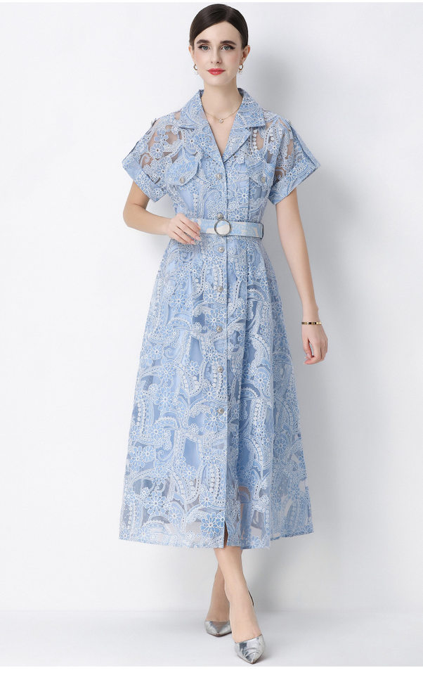 Đầm maxi nữ ren thêu hoa cổ vest cài cúc thắt eo dáng dài thanh lịch — xanh lam, màu trắng, màu vàng chi tiết 8
