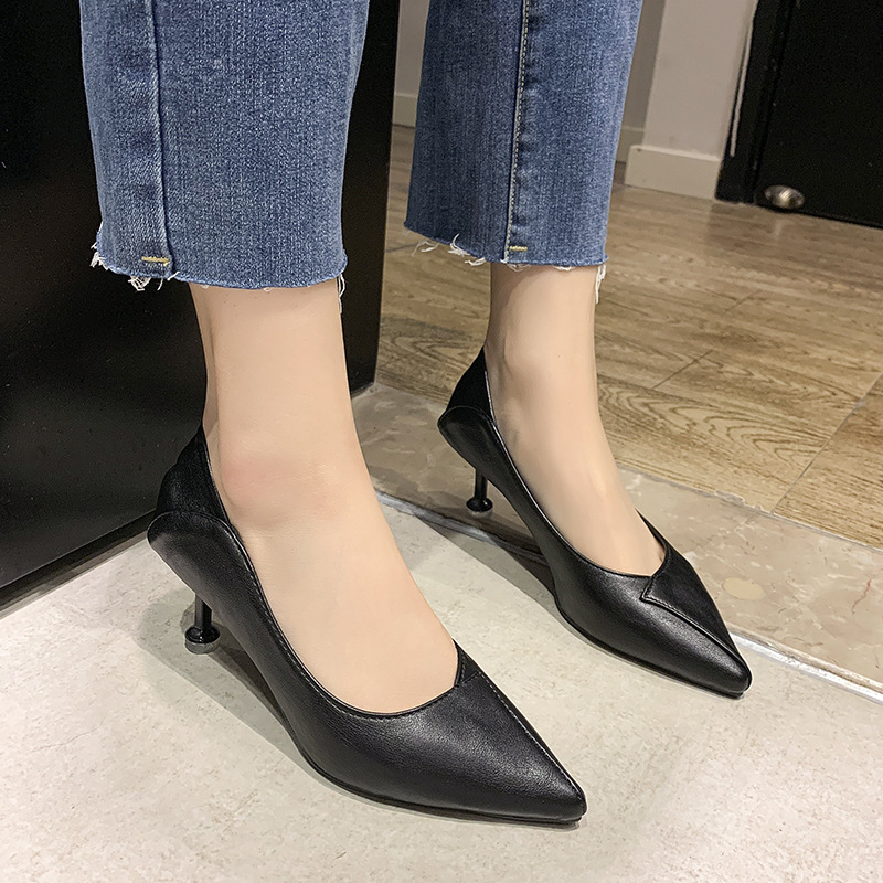 spot pointed toe mid-heel black solid color stiletto NSZSC65370