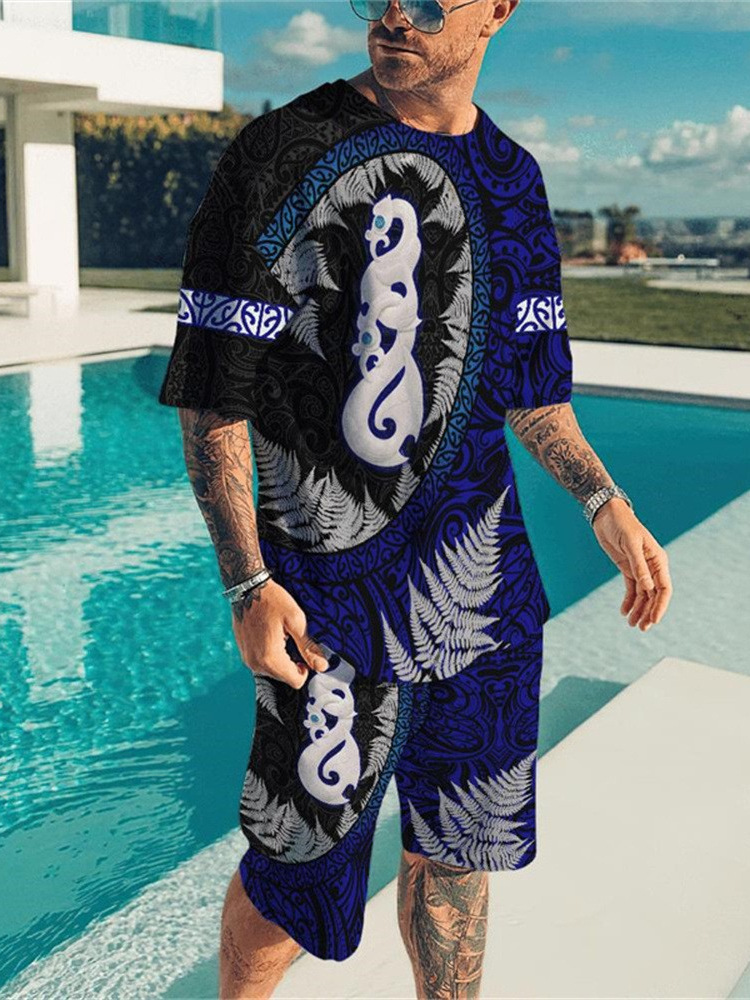 남성 여름 티셔츠 세트 3D 인쇄 식물 나무 패턴 둥근 목 해변 반바지 패션 남성 도매