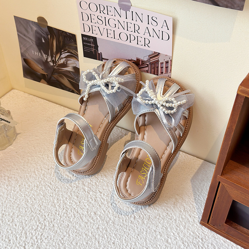 Princess Summer Style Beach Shoes for Girls Soft Soled Sandals with Pearl Bow Little Girl Footwear_voghion.com