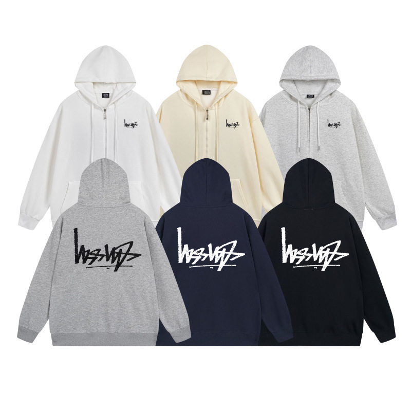 ヨーロッパとアメリカの Stussy スチューシー レタープリント ブラック 8 ジッパー プラス ベルベット フード付き秋冬スウェットシャツ メンズ レディース ジャケット|undefined