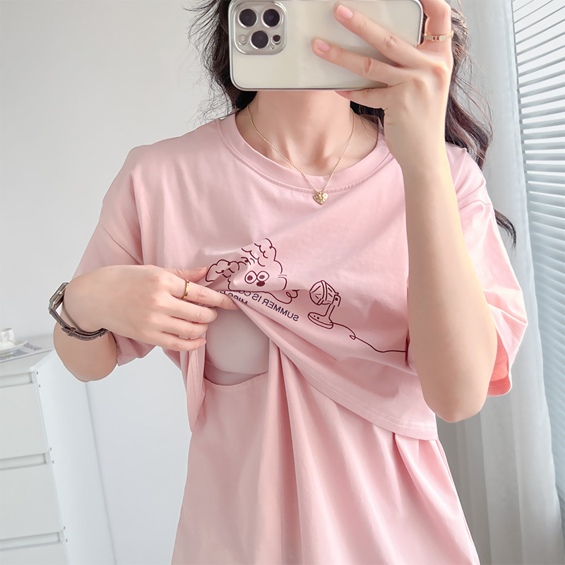 Summer pure cotton pregnant women's T-shirt postpartum outer wear nursing clothes lift nursing mouth all-match bottoming shirt maternity clothes