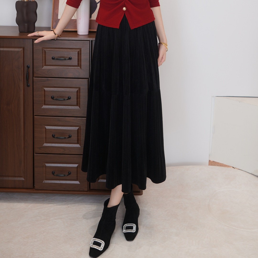 가을과 겨울 벨벳 스커트 새로운 도착 스티칭 높은 허리 슬림-적합 중간 길이 스커트 안개가 슬리밍 주름 스커트 대형 스윙 스커트