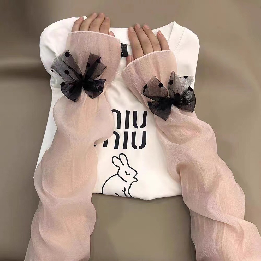 夏季防曬袖套女公主純色蝴蝶結甜美可愛蕾絲長款網紗大號薄款冰袖