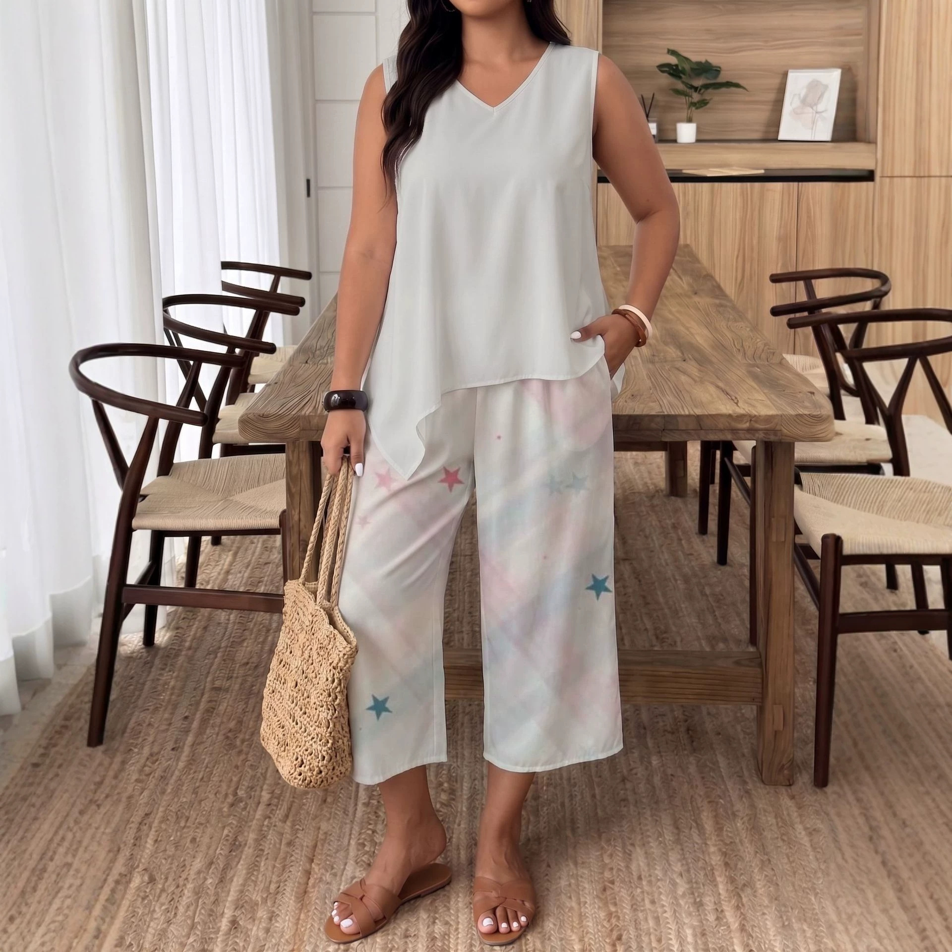 Original Women's Summer Outfit: Sleeveless V-neck Asymmetrical Top With Gradient Plaid And Star Print, Wide-leg_ecoleips.com