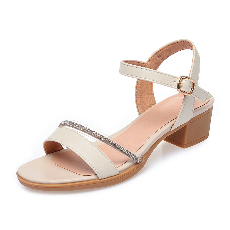 Sandal nữ hở mũi gót thấp da thật đế mềm chống trơn — màu be