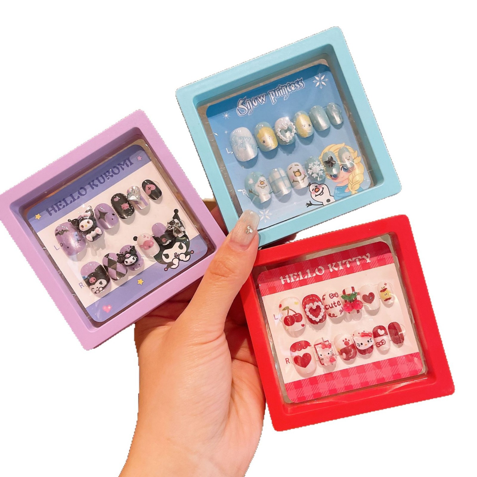 Uñas postizas removibles para niñas, en caja, con diseños de dibujos animados, pegatinas de uñas exquisitas, piezas de uñas.