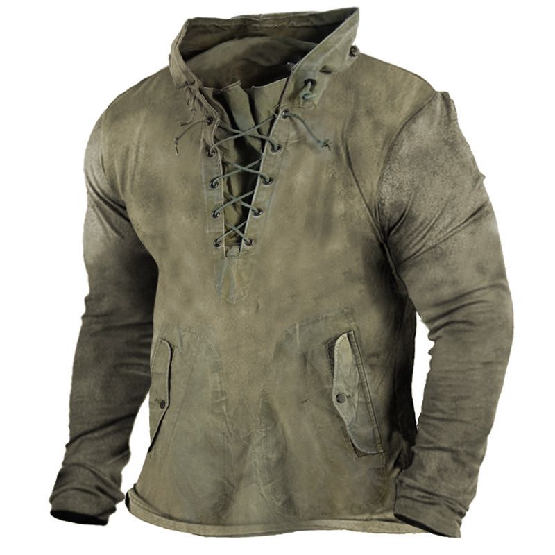 2022 Men's Retro Lace-up Hooded T-shirt Autumn and Winter Loose Solid Color Casual Top Men's Hooded Hoodie 2022 Men's Retro Lace-up Hooded T-shirt Autumn and Winter Loose Solid Color Casual Top Men's Hooded Hoodie