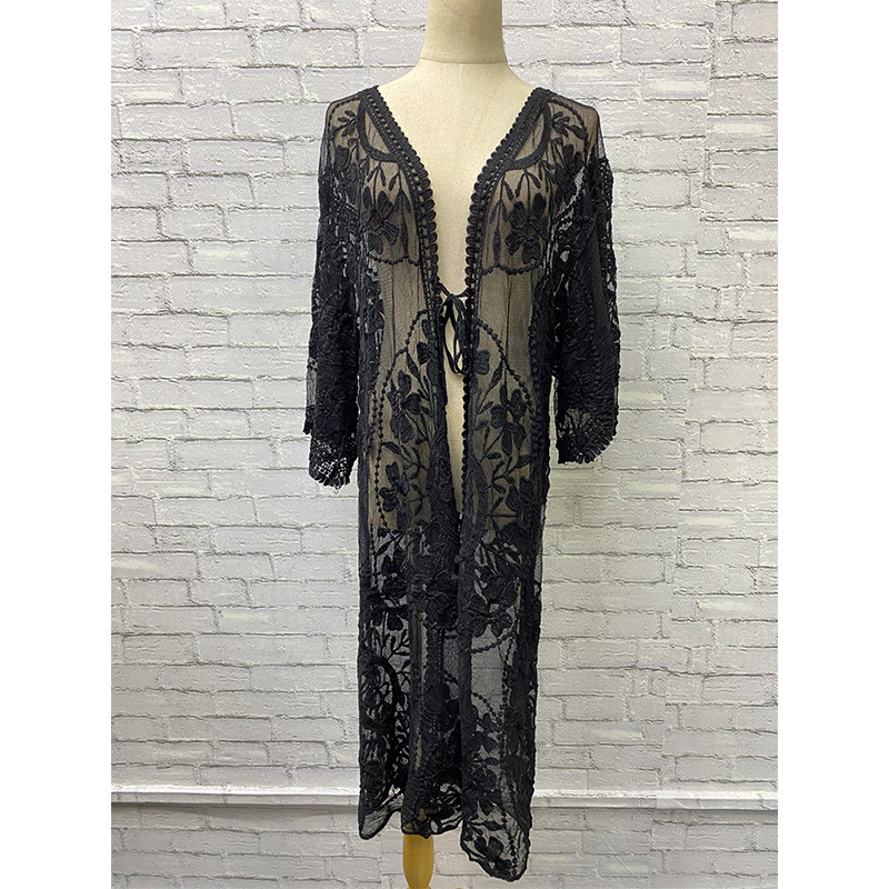 2023 primavera y verano europeo y americano suelta bordado malla blusa bikini blusa vacaciones playa cardigan transfronterizo mujeres