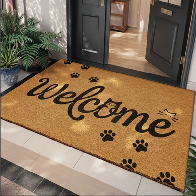 American-Style Wear-Resistant, Dirt-Resistant, Easy-Care: Avtomobil döşəmə paspasları - cat-paw-print-welcome-imitation-coconut-palm-floor-mat-3050cm-imitation-coconut-palm