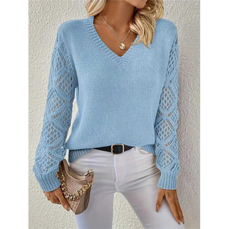 Primavera y otoño abrigo agujero jersey de punto suéter de mujer hookah de manga larga gancho flor Jacquard suelto V-collar bottom top transfronterizo