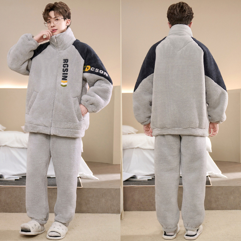 100kg Plus Size Zipper Cartoon Pajamas for Men, Winter Thickened Coral Fleece Student Homewear Set for 10 Degrees