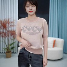 新款韩国专柜袖薄款竹节麻T恤女百搭字母亮片袖字母圆领针织衫