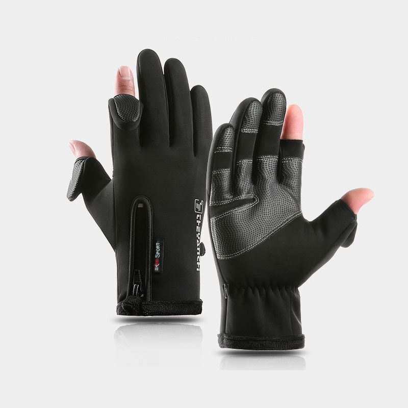 Winterverdikte handschoenen met opklapbare opening die twee vingers onthult plus fluwelen touchscreen-ritssluiting Outdoor-fietssport Warme handschoenen_voghion.com