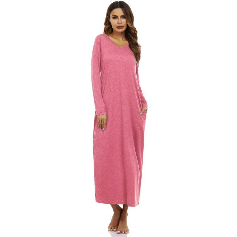 K6501 Dropshipping Aliexpress Cross-Border New Women's Cotton Long-Sleeve Nightgown Full-Length Nightdress