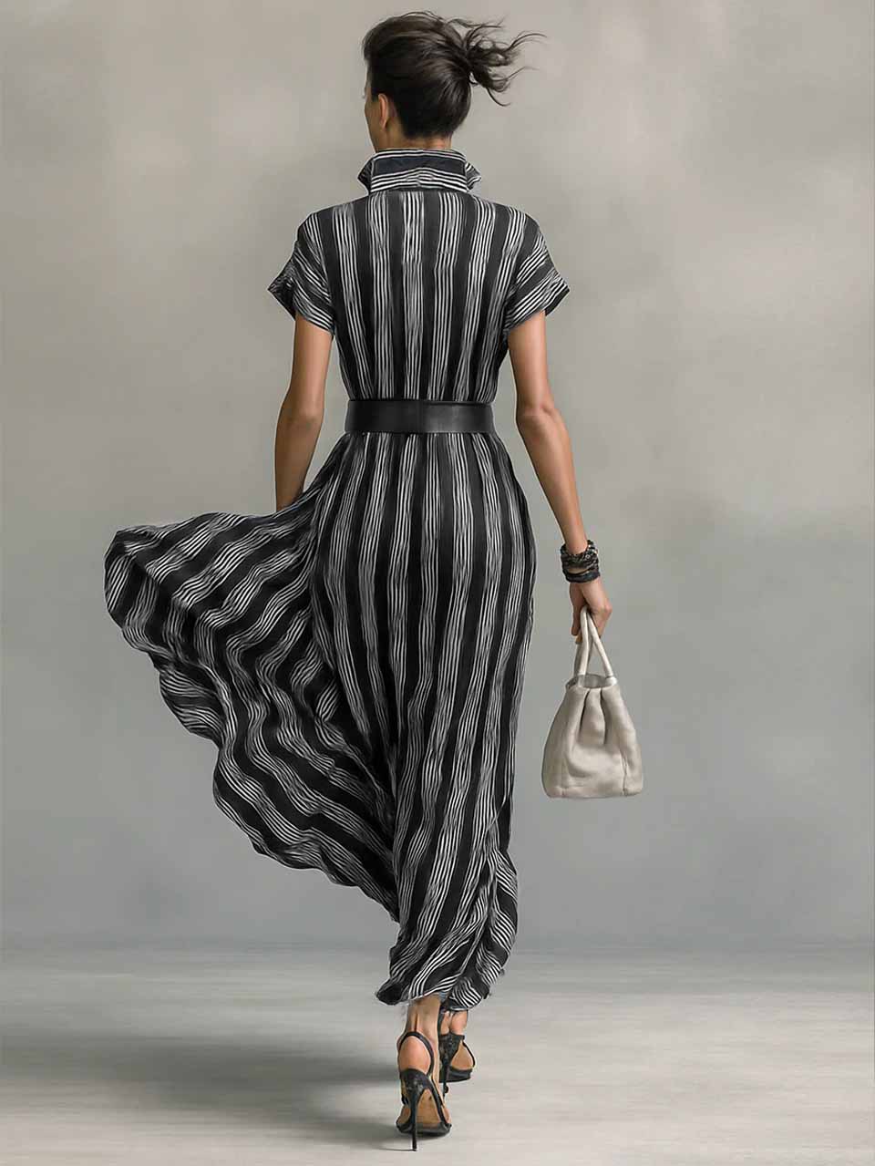 2026 European And American Cross-border Independent Site Elegant Short-sleeved Collar Striped Shirt Dress_ecoleips.com