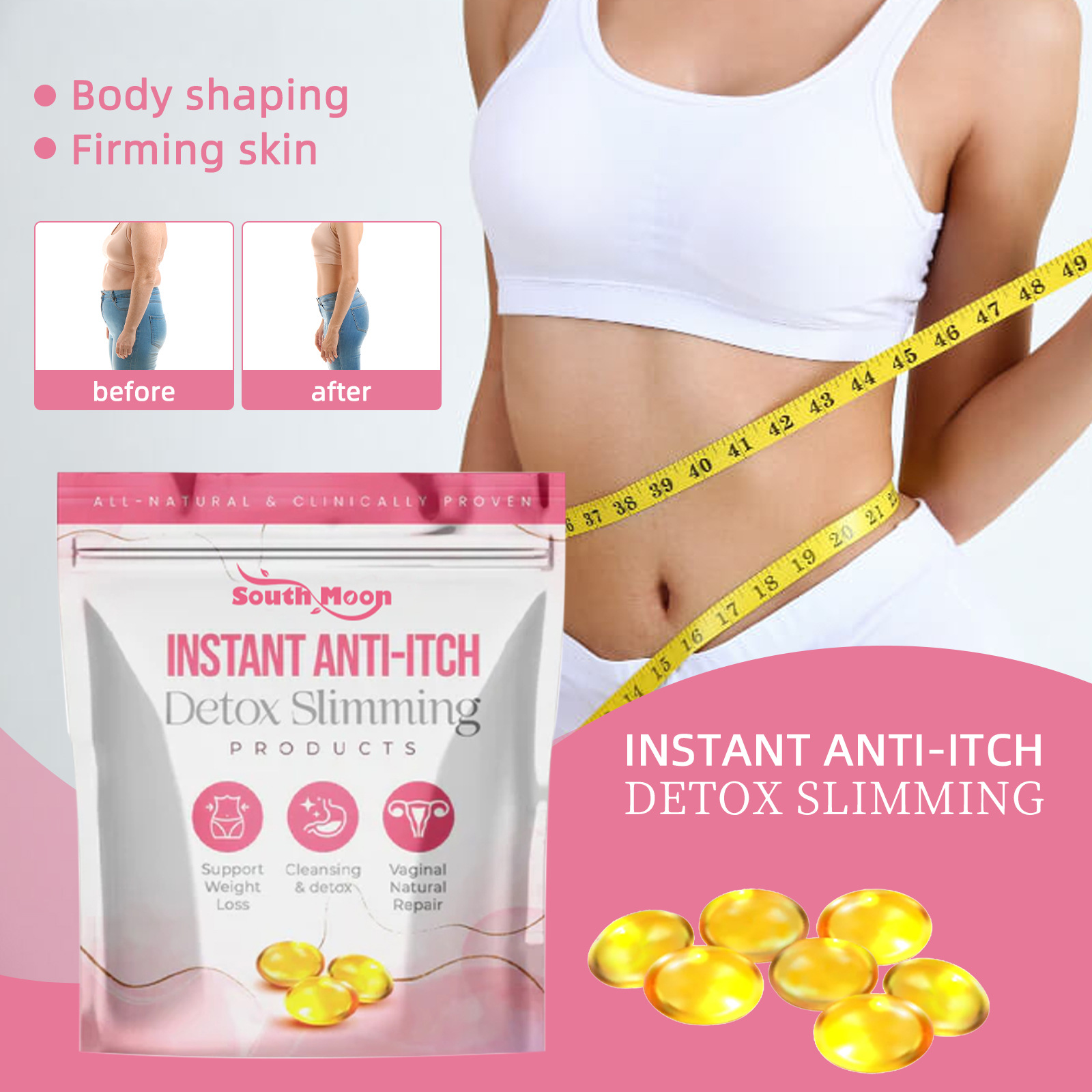 Capsula dimagrante South Moon per rassodare l'addome, modellare il corpo, rassodare la pelle, la pancia, le braccia, le cosce e_voghion.com