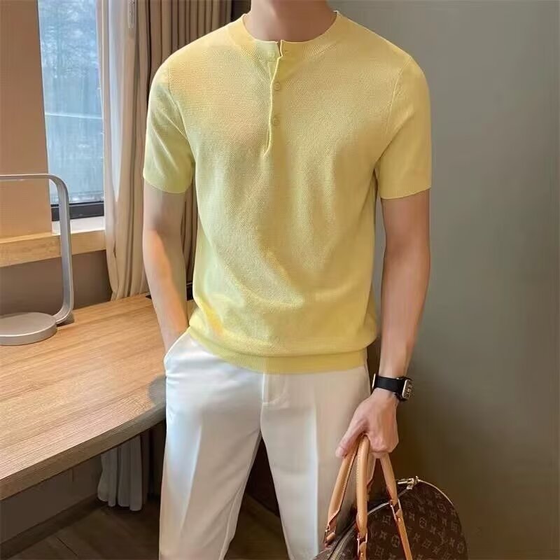 Verano nueva camiseta de cuello Henry camiseta de manga corta hombre viejo viento de negocios de hielo de verano fábrica transfronteriza al por mayor