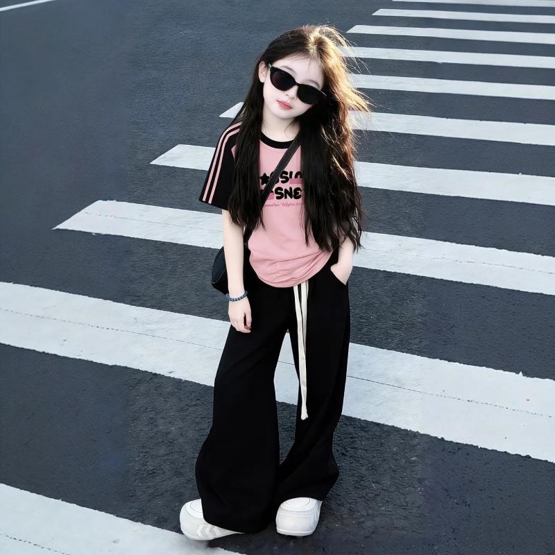 Girls' Summer Popular New Style Short-Sleeve T-Shirt Top and Sporty Wide-Leg Pants Two-Piece Set