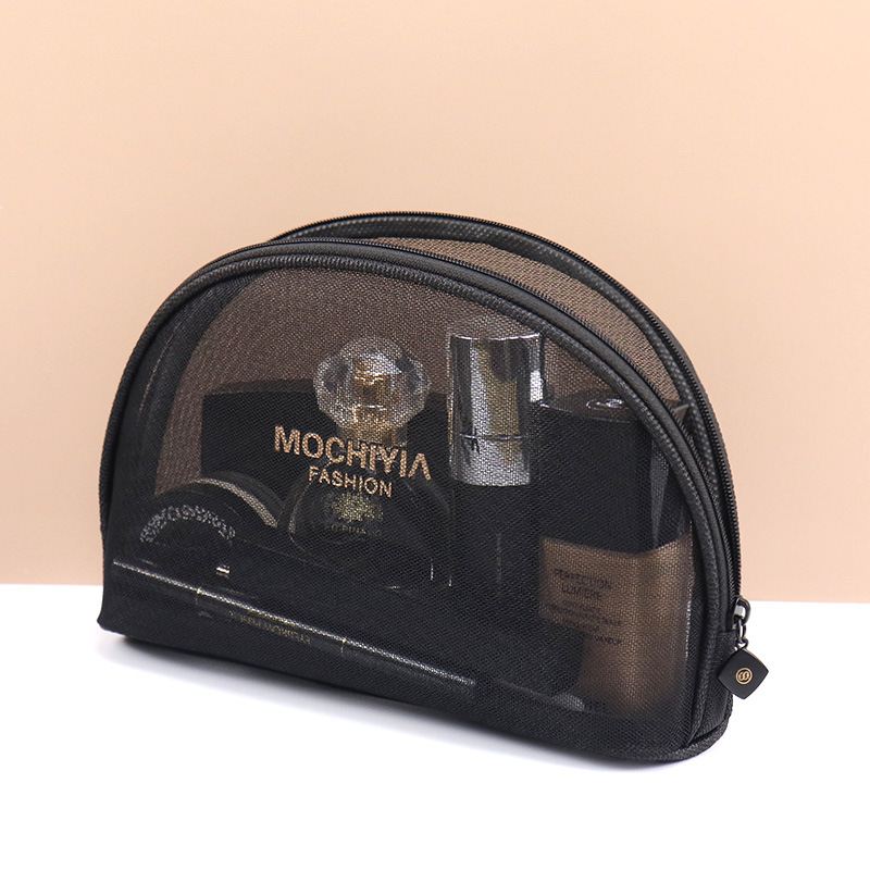 In 2021, convenient travel storage and arrangement semi-round makeup bag factory wholesale online store sells double-layer transparent gauze net