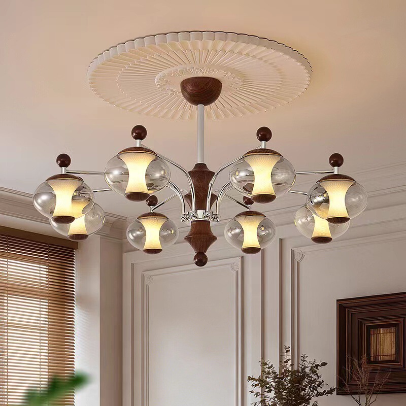 Medieval-Style Living Room Iron Art Glass Lampshade, Retro Walnut Color Dining Room Lamp, High-End Eye-Protecting Full-Spectrum Chandelier