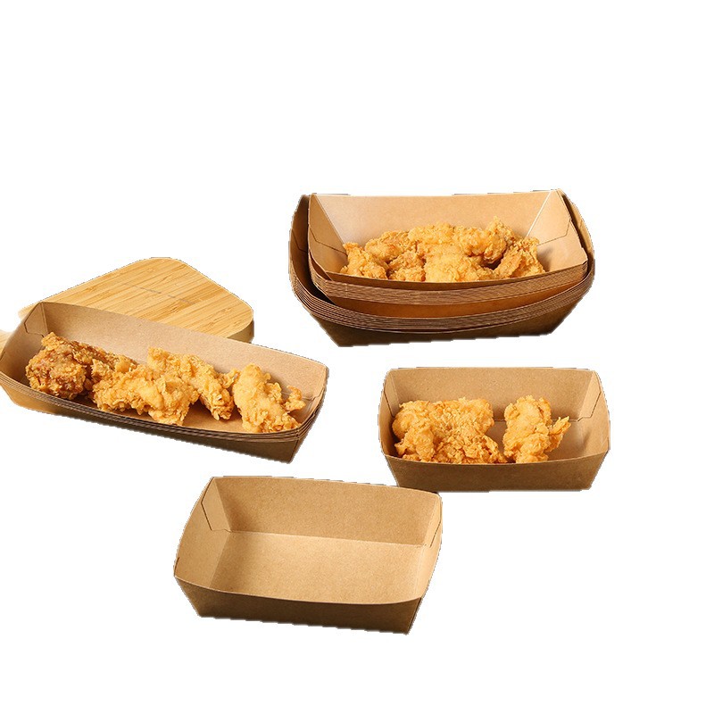 Caja de barco kraft de grado alimenticio desechable frita de alas de pollo bocadillos caja de comidas plegable caja de cartón a prueba de aceite en stock