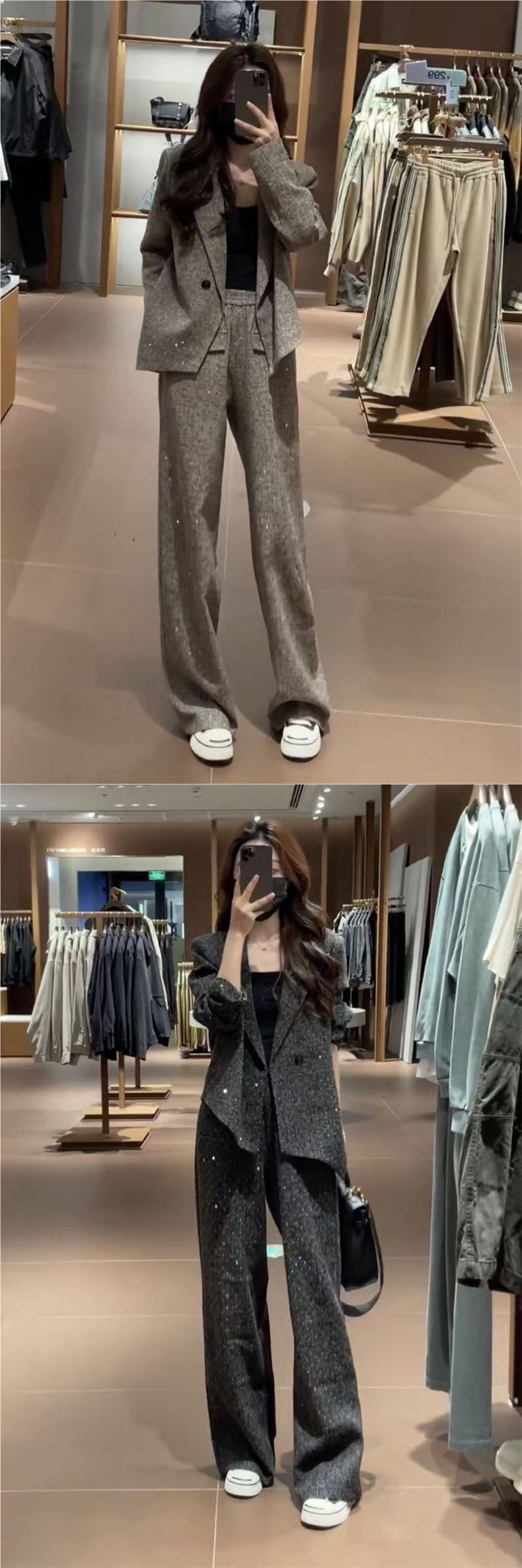 GraceChic Autumn New Style Irregular Shiny Blazer Jacket For Women With High Waist Wide Leg Pants Two-Piece Set_voghion.com