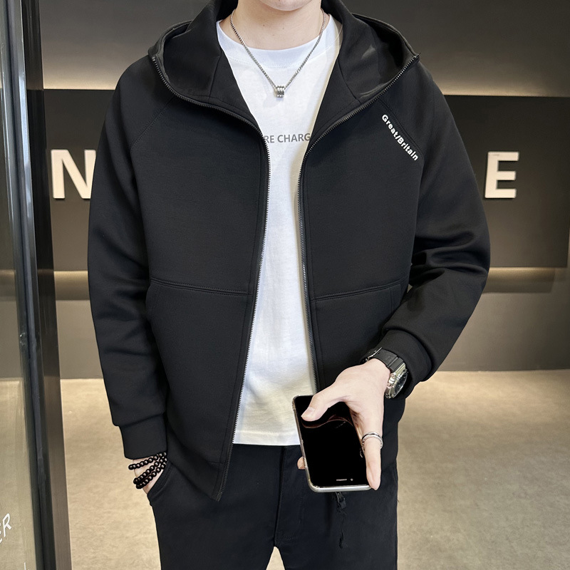 Spring hooded cardigan sweater men's loose casual zipper coat solid color sports top clothes JK909