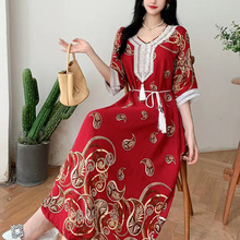 大码中国风棉绸连衣裙女夏季新中式民族风波西米亚长裙旅游度假裙