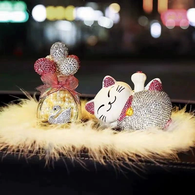 Car Perfume Car Decorations Ornaments Diamond-inlaid Solar Energy Lucky Cat Creative High-end Center Console Interior Supplies (Perfplant seat) - pink-ears-cat-pink-perfume-seat-feather-pad