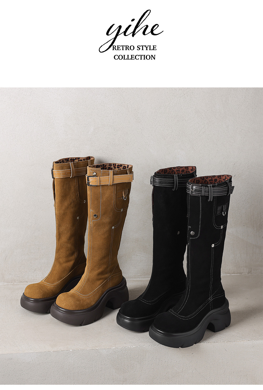 Boot nữ cao cổ hai kiểu mũi tròn đế dày phong cách Maillard da bò thời trang — Lớp lót nhung đen chi tiết 14