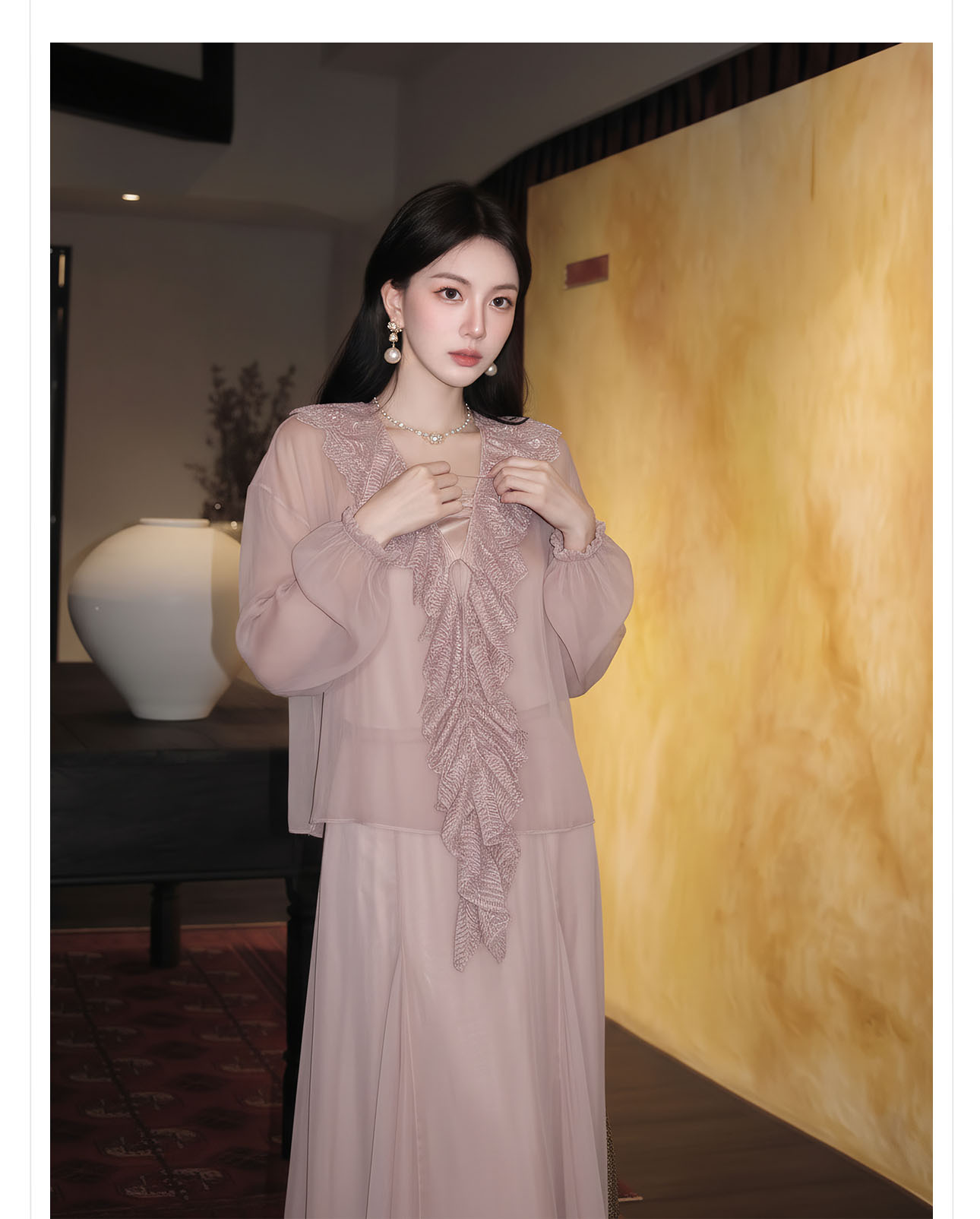 Bộ váy áo sơ mi nữ tay bèo ren + chân váy chữ A xòe phong cách tân cổ điển — Trang chủ, bộ đồ, nửa váy chi tiết 2