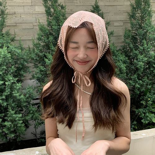Retro forest system cute sweet lace triangular scarf for women, spring and summer thin model, versatile embroidery fresh hairband with ribbon