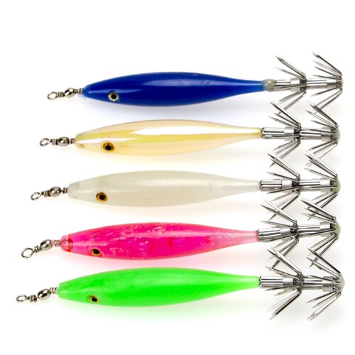 Cross-border 5pcs lure multi-color umbrella hook wooden shrimp fake bait luminous sea fishing 8cm mini luminous squid hook blowing barrel hook