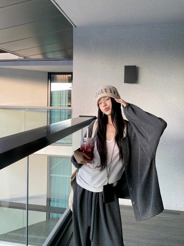 慵懒风穿搭条纹宽松长袖开衫休闲阔腿长裤女2025秋季新款时尚套装|undefined