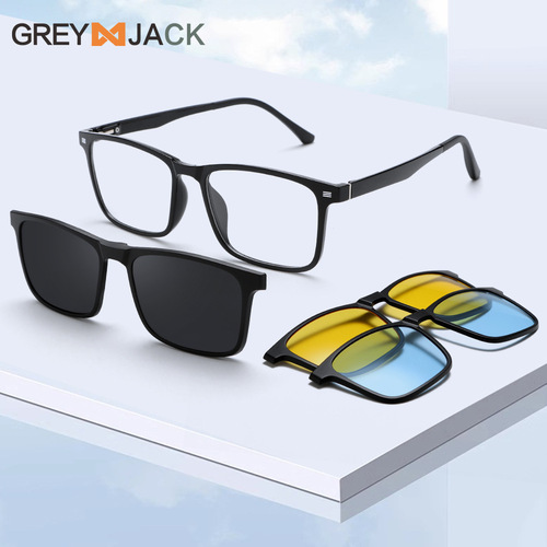 Square magnetic glasses frame three-in-one TR90 polarized sunglasses myopia set flat mirror sunglasses for men 6212